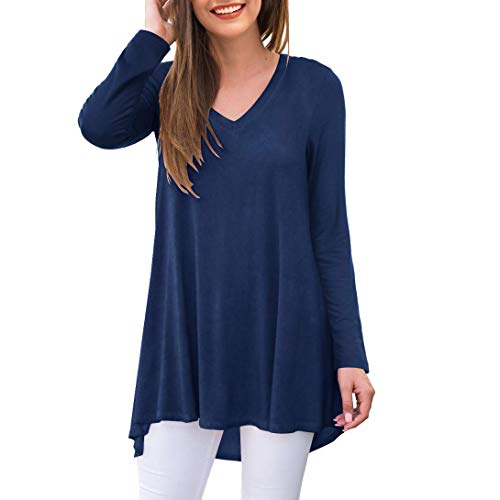 Ninee Damen Langarmshirt V-Ausschnitt Elegantes T-Shirt Tunika Tops Blusen (Navy Blue,Large) von Ninee