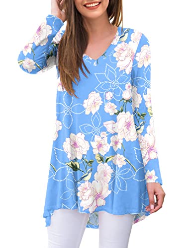 Ninee Damen Langarmshirt V-Ausschnitt Herbst T-Shirt Tunika Tops Bluse (Flower Light Blue,Large) von Ninee