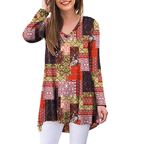 Ninee Damen Langarmshirt V-Ausschnitt Herbst T-Shirt Tunika Tops Blusen (Flower Multiple Orange,Medium) von Ninee