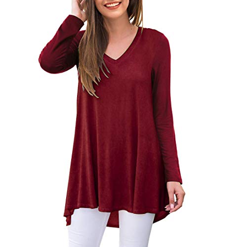 Ninee Damen Langarmshirt V-Ausschnitt Lässig Lose Tunika T Shirt Bluse Tops (Wine Red,Large) von Ninee