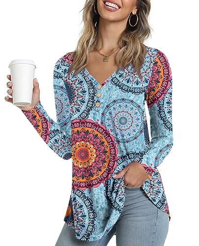 Ninee Damen Langarmshirt V-Ausschnitt Tunika Tops Lässig Knopfleiste Bluse（Flower Multiple Blue,X-Large） von Ninee