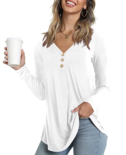 Ninee Damen Langarmshirt V-Ausschnitt Tunika Tops Lose Passform Knopfleiste Bluse（White,Large） von Ninee