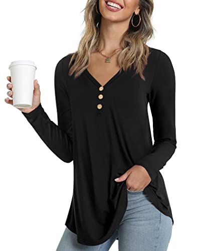 Ninee Damen Langarmshirt V-Ausschnitt Tunika Tops lose Knopfleiste Bluse（Black,Large） von Ninee