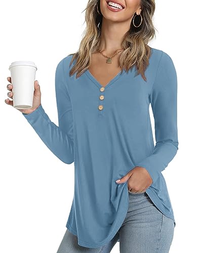 Ninee Damen Langarmshirt V-Ausschnitt Tunika Tops lose Knopfleiste Bluse（Blue,3X-Large） von Ninee