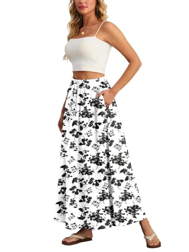 Ninee Damen Maxirock Faltenrock Sommer Hohe Taille Lässig Lange Röcke mit Taschen (Black Flower White,X-Large) von Ninee