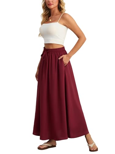 Ninee Damen Maxirock Faltenrock Sommer Hohe Taille Lässig Lange Röcke mit Taschen (Burgundy,X-Large) von Ninee