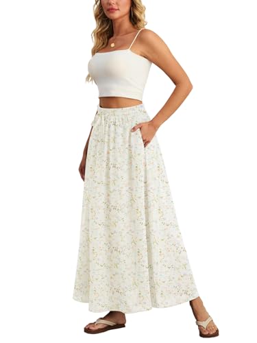 Ninee Damen Maxirock Faltenrock Sommer Hohe Taille Lässig Lange Röcke mit Taschen (Orange Flower Beige,Medium) von Ninee