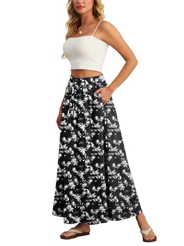 Ninee Damen Maxirock Faltenrock Sommer Hohe Taille Lässig Lange Röcke mit Taschen (White Flower Black,Medium) von Ninee