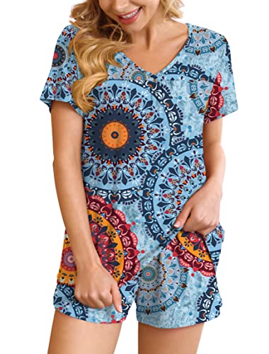 Ninee Damen Pyjama Set Kurz Schlafanzug Sommer Pj Sets Kurzarm Top und Short Zweiteiliger mit Tasche (Flower Multiple Blue,Small) von Ninee