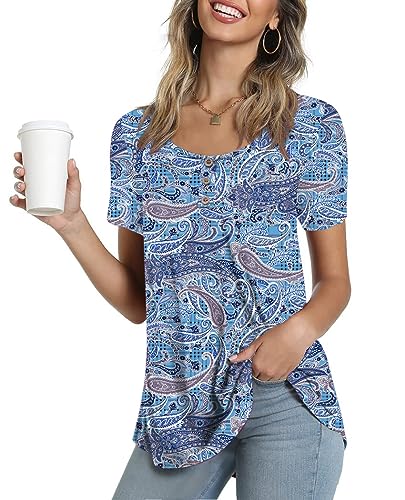 Ninee Damen Sommer Floral Tunika Tops Kurzarm Bluse Casual Rundhalsausschnitt Knopfleiste T-Shirts(Flower Cashew Cyan Blue,Large) von Ninee