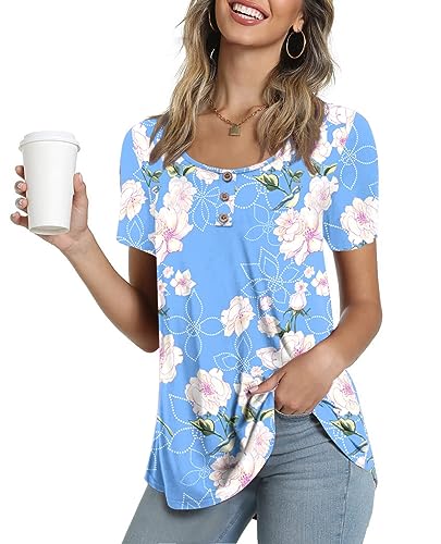Ninee Damen Sommer Floral Tunika Tops Kurzarm Bluse Casual Rundhalsausschnitt Knopfleiste T-Shirts(Flower Light Blue,Small) von Ninee