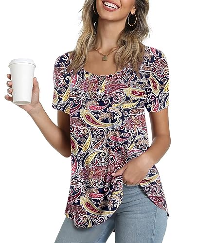 Ninee Damen Sommer Tunika Tops Kurzarm Bluse Casual Elegant Basic Rundhalsausschnitt Knopfleiste T-Shirts(Flower Cashew Navy Blue,Large) von Ninee