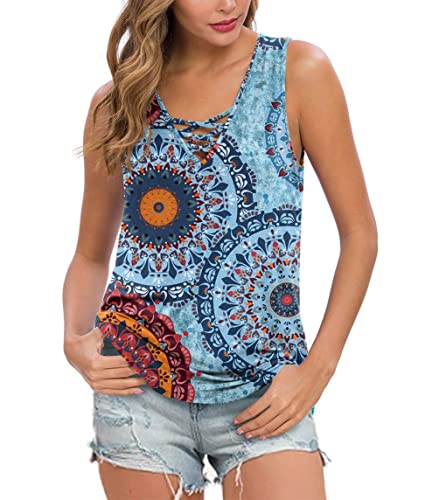 Ninee Damen Sommer ärmellose Criss Cross Casual Sexy Tank Tops Basic Bluse (Flower Multiple Blue,Medium) von Ninee