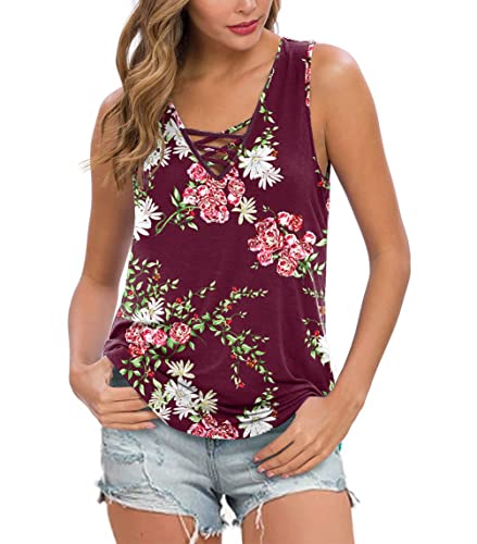 Ninee Damen Sommer ärmellose Criss Cross Casual Tank Tops Basic Bluse (Flower Wine Red,Medium) von Ninee