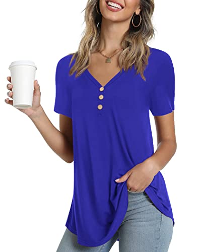 Ninee Damen T-Shirt Kurzarm V-Ausschnitt Tunika Tops Elegant Basic Knopfleiste Bluse (Royal Blue,Large) von Ninee
