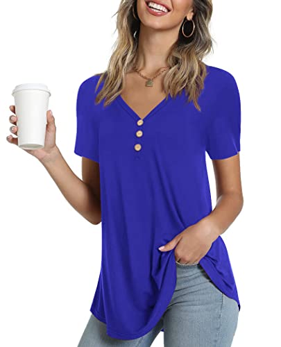 Ninee Damen T-Shirt Kurzarm V-Ausschnitt Tunika Tops Elegant Basic Knopfleiste Bluse (Royal Blue,Medium) von Ninee