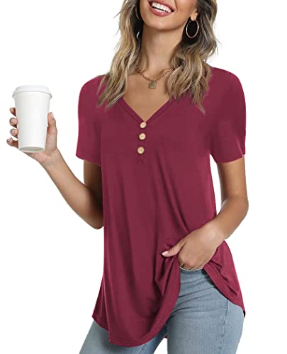 Ninee Damen T-Shirt Kurzarm V-Ausschnitt Tunika Tops Elegant Basic Knopfleiste Bluse (Wine Red,Large) von Ninee