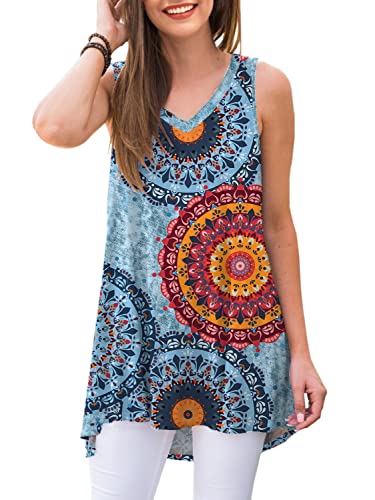 Ninee Damen Ärmellos Top V-Ausschnitt Lässiges Sommer Tank Tops T-Shirts Tunika Tops (Flower Multiple Blue,Large) von Ninee