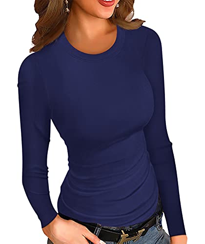 Ninee Damen gerippt Langarmshirt Crewneck Fitted Sweatshirts Slim Fit Basic Casual Tops(Navy Blue,X-Small) von Ninee