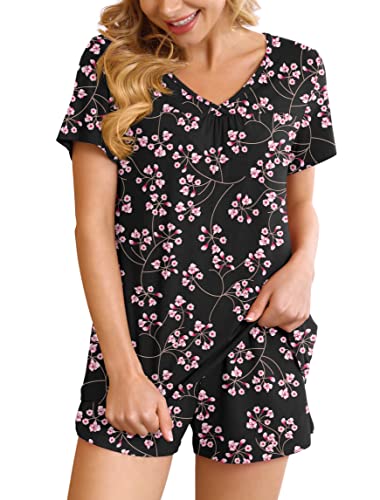 Ninee Pyjama Damen Kurz Schlafanzug Frauen Soft Nachtwäsche V-Ausschnitt Kurzarm Zweiteiliger Pjs Sets Hausanzug (Flower Gypsophila Black,XX-Large) von Ninee