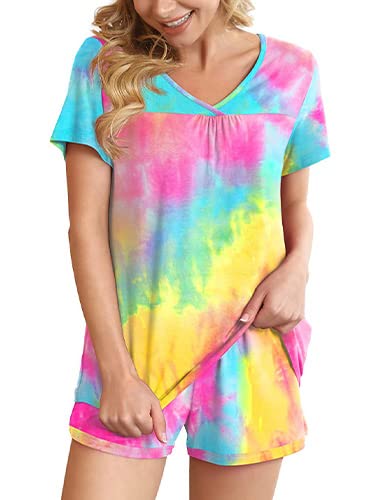 Ninee Pyjama Damen Kurz Schlafanzug Frauen Soft Nachtwäsche V-Ausschnitt Kurzarm Zweiteiliger Pjs Sets Hausanzug (Tie Dye Colorful Yellow,Large) von Ninee