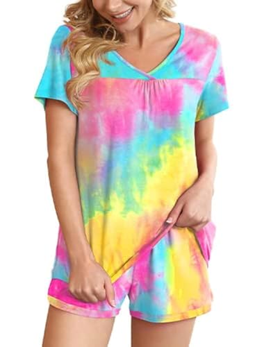Ninee Pyjama Damen Kurz Schlafanzug Frauen Soft Nachtwäsche V-Ausschnitt Kurzarm Zweiteiliger Pjs Sets Hausanzug (Tie Dye Colorful Yellow,Medium) von Ninee
