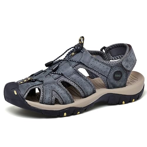 Ninepointninetynine Herren-Freizeitsandalen, Leder, geschlossener Zehenbereich, Strand-Sandale mit Fußgewölbeunterstützung, Cloud-Sandalen, wasserdichte Wandersandalen (Color : Blau, Size : 48 EU) von Ninepointninetynine