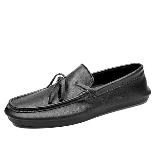 Ninepointninetynine Herren-Slipper mit runder Zehenpartie, Leder, einfarbig, flache Ferse, widerstandsfähig, rutschfest, lässig, zum Hineinschlüpfen, Schwarz , 42 1/3 EU von Ninepointninetynine