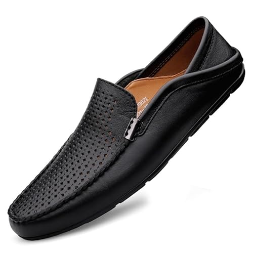 Ninepointninetynine Herren-Slipper mit runder Zehenpartie, Leder, perforiert, atmungsaktiv, leicht, flacher Absatz, bequemer Walking-Slipper, Schwarz , 39 2/3 EU von Ninepointninetynine