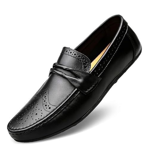 Ninepointninetynine Herren-Slipper mit runder Zehenpartie, einfarbig, Flügelspitze, Leder, rutschfest, bequem, flacher Absatz, lässig, Hochzeit, Slip-on, Schwarz , 39 EU von Ninepointninetynine