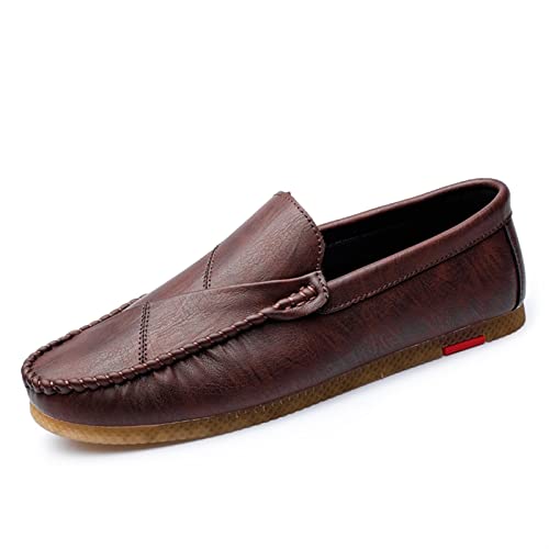 Ninepointninetynine Loafer-Schuhe Fahren Mokassins for Männer vegane Lederheftendetails Runde Zehe Flache Ferse Anti-Slip Lightweight Flexible Resistant Outdoor Slip On (Color : Weinrot, Size : 43 E von Ninepointninetynine