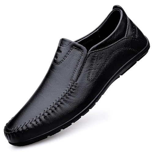 Ninepointninetynine Loafer for Herren, runde Zehen, Leder, einfarbig, Loafer-Schuhe, Flacher Absatz, rutschfest, flexibel, for den Außenbereich(Color:Schwarz,Size:44 EU) von Ninepointninetynine