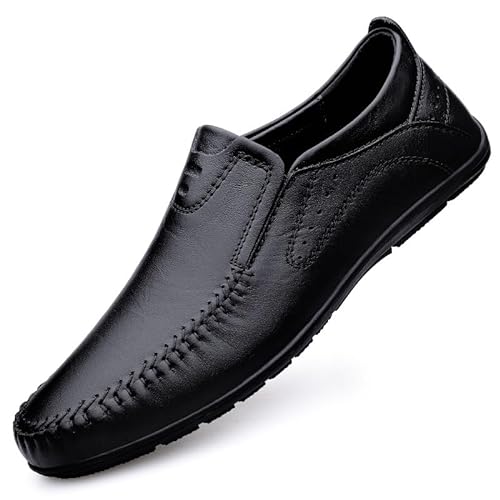 Ninepointninetynine Loafer for Herren, runde Zehen, Leder, einfarbig, Loafer-Schuhe, Flacher Absatz, rutschfest, flexibel, for den Außenbereich(Color:Schwarz,Size:45 EU) von Ninepointninetynine