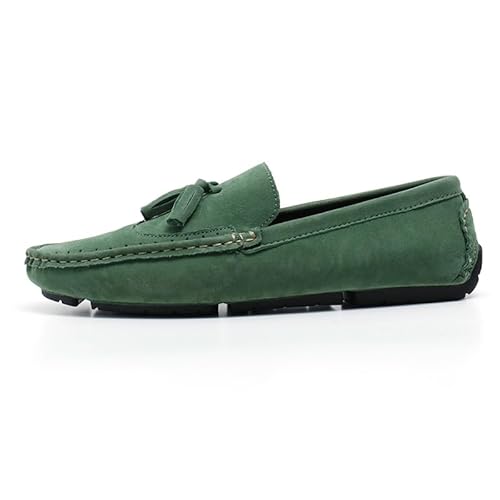 Ninepointninetynine Loafer für Herren, quadratischer Zehenbereich, Flügelspitzen, Wildleder, veganes Leder mit Quaste, bequem, flexibel, flacher Absatz, modischer Slipper, grün, 39 1/3 EU von Ninepointninetynine