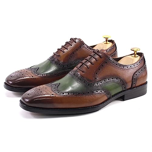 Ninepointninetynine Oxford-Schuhe für Herren, Schnürung, Blockabsatz, Gummisohle, niedriges Oberteil, klassisch, Braun Grün, 39 2/3 EU von Ninepointninetynine