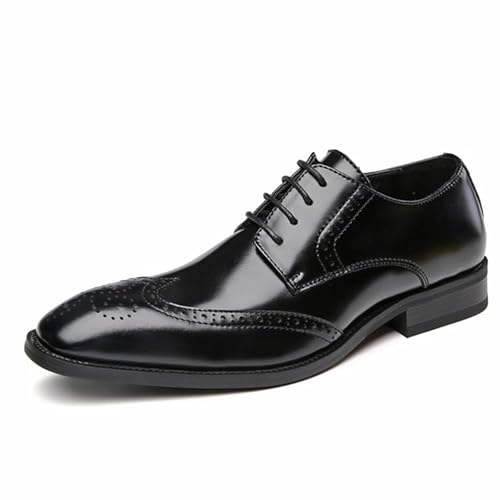 Ninepointninetynine Oxford Shoes for Men Lace Up Square Burnished Toe Leather Brogue Embossed Wing Tip Derby Shoes Rubber Sole Non Slip Block Heel Slip Resistant Classic(Color:Schwarz,Size:44 EU) von Ninepointninetynine