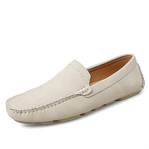 Ninepointninetynine Smoking Loafer Driving Mokassins für Herren Echtes Leder Nähte Details Runde Zehe Gummisohle Einfacher Flacher Absatz Leicht Flexibel Beständig, beige, 38 2/3 EU von Ninepointninetynine