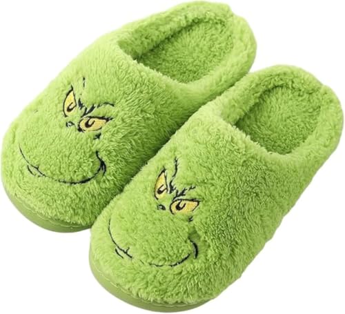 Ninesun Grinch Hausschuhe Weihnachten Glückliche Hausschuhe für Damen Herren Lustige Plüsch Winter Warme Flauschige Slippers（39-40） von Ninesun
