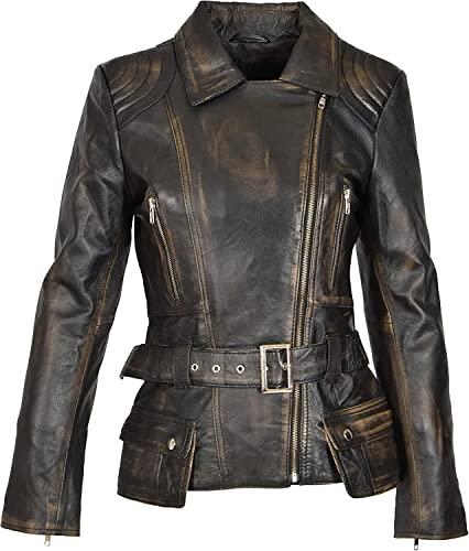 Damen Coco Bikerjacke | Leder Slim Fit Stil für Damen | Distressed Leder hüftlang Mantel Coco, Schwarz , 42 von Ninetees Craft