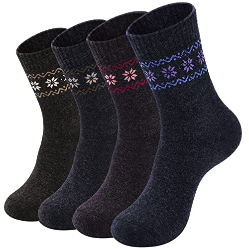 NinetoFiveLife 4 Stück Winter Warme Wollsocken Wandersocken Strick Outdoor Freizeit Socken für Frauen Weich und Bequem, Rot, Lila, Braun, Braun. von NinetoFiveLife