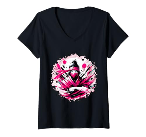 Damen Ninja-Mädchenkostüm, Motiv „Samurai Ninja“ für Mädchen, Motiv Pink Warrior T-Shirt mit V-Ausschnitt von Ninja Outfit Samurai Ninja Disguise Ninja Training