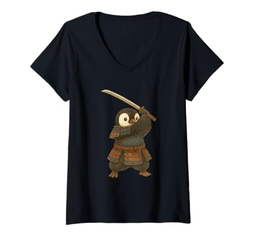 Damen Samurai Pinguin mit Katana Schwert Kampf Kunst T-Shirt mit V-Ausschnitt von Ninja Penguin Samurai Katana Martial Arts Design