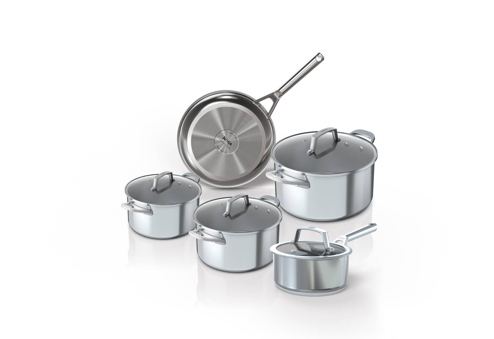 NINJA Topf-Set "Ninja ZEROSTICK 5-teiliges Topf- u. Pfannen-Set aus Edelstahl C65000DE" Set, Je 1 Kochtopf Ø 18,20,24 cm, 1 Stieltopf Ø 16 cm, 1 Bratpfanne Ø 24cm, 5 Stk. tlg. Edelstahl von Ninja