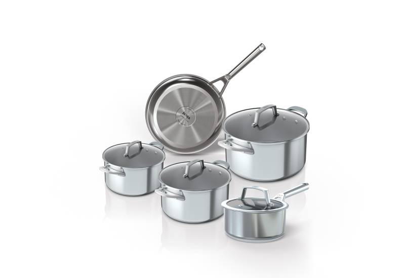 NINJA Topf-Set "Ninja ZEROSTICK 5-teiliges Topf- u. Pfannen-Set aus Edelstahl C65000DE" Set, Je 1 Kochtopf Ø 18,20,24 cm, 1 Stieltopf Ø 16 cm, 1 Bratpfanne Ø 24cm, 5 Stk. tlg. Edelstahl von Ninja