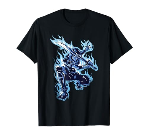 Ninja Shinobi Schwert und Shuriken blauer Flamme cooles Kind T-Shirt von Ninjutsu Ninja und Samurai Geschenke für Kinder