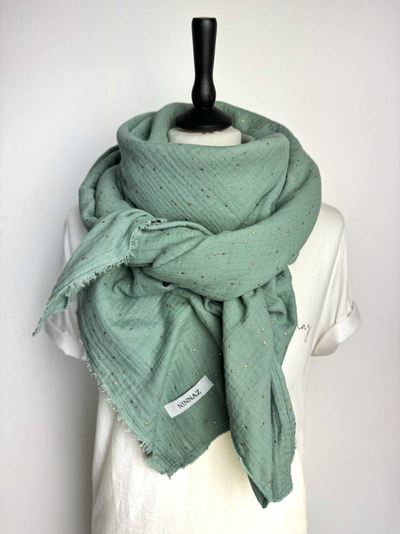 xl Musselintuch Dusty Mint Gold, Damen Dreieckstuch Schal Halstuch , Geschenk, Geschenkidee, Hochzeit von NinnazDesign