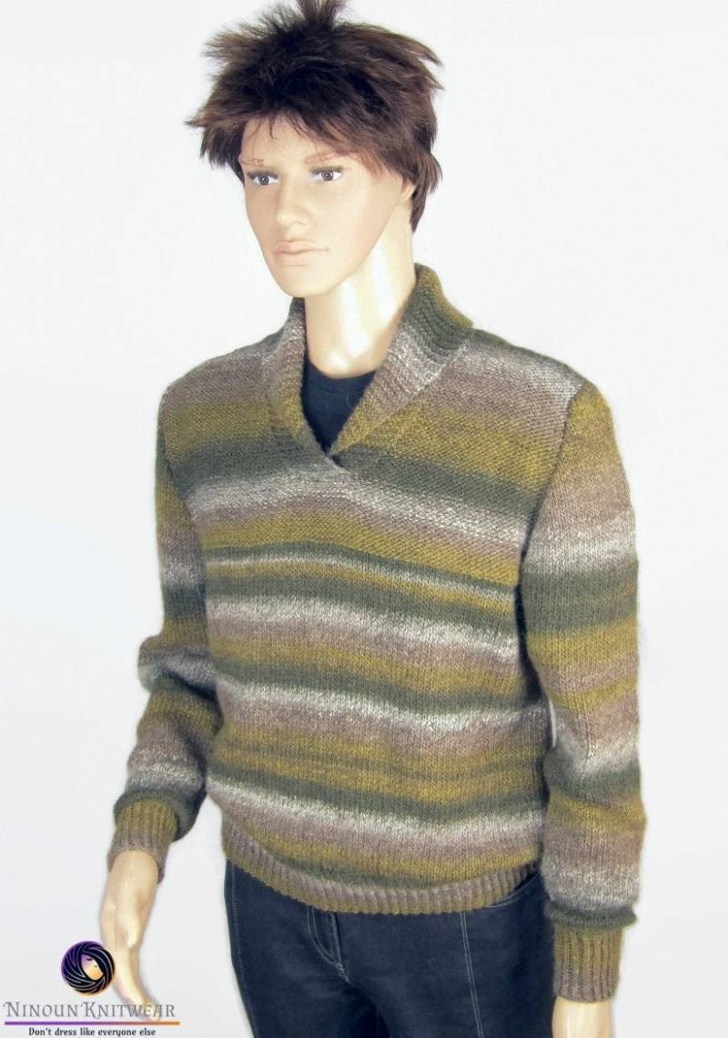 Herren Pullover Schalausschnitt Aus Alpaka Und Wolle - Größe L | Breit Handgestrickt Geschenk Für von NinounKnitwear