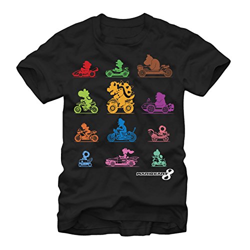 Nintendo Herren Mario Kart Bunte Charakter-Profil-Silhouetten T-Shirt, Schwarz, L von Nintendo