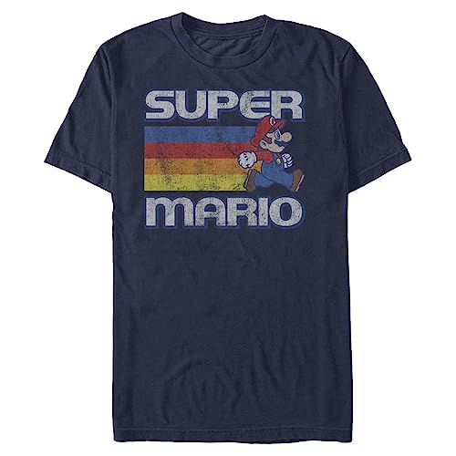 Nintendo Herren Super Mario Running Retro Stripe T-Shirt, Marineblau, Mittel von Nintendo