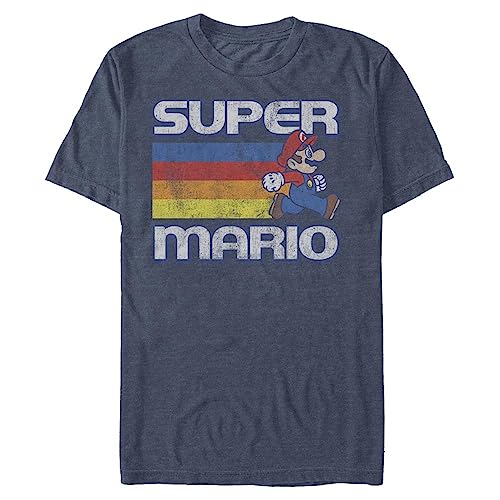 Nintendo Herren Super Mario Running Retro Stripe T-Shirt, Marineblau meliert, Mittel von Nintendo